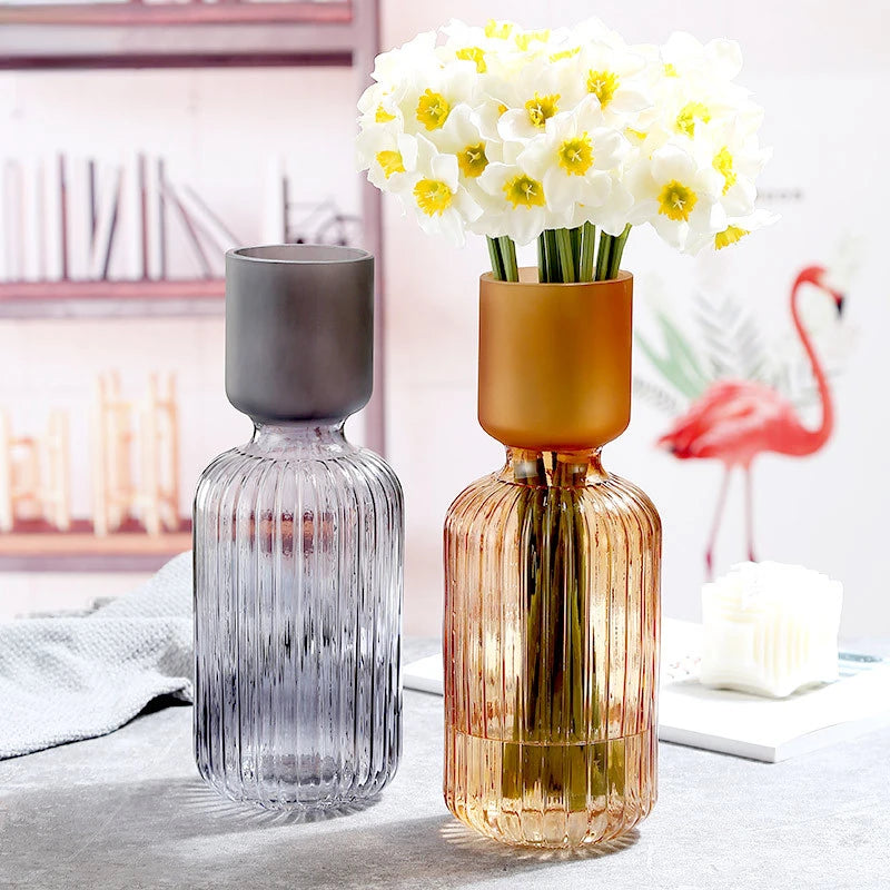frosted glass vase with stripes for floral and hydroponic decoration