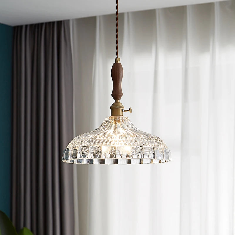 modern pendant light in wood, glass and brass