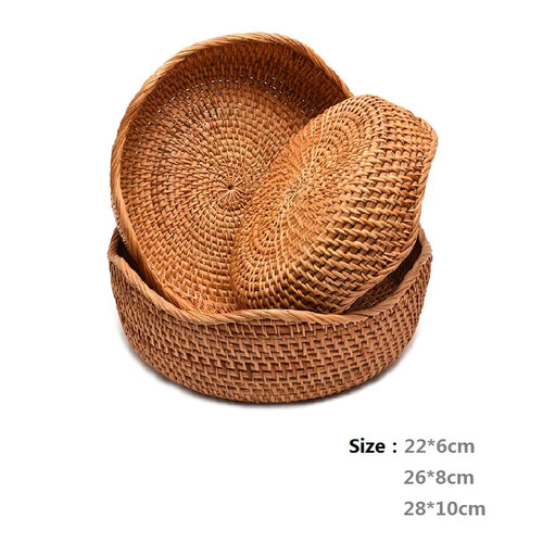HeMu-Round Rattan Woven Basket, Wicker Fruit Basket, Bread Food, Kitchen Home Decor, Organizer Breadbasket for Kitchen - vue 13 sur 13