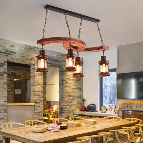 Retro industrial 4-head wood and iron chandelier for café, bar or loft - vue 2 sur 7