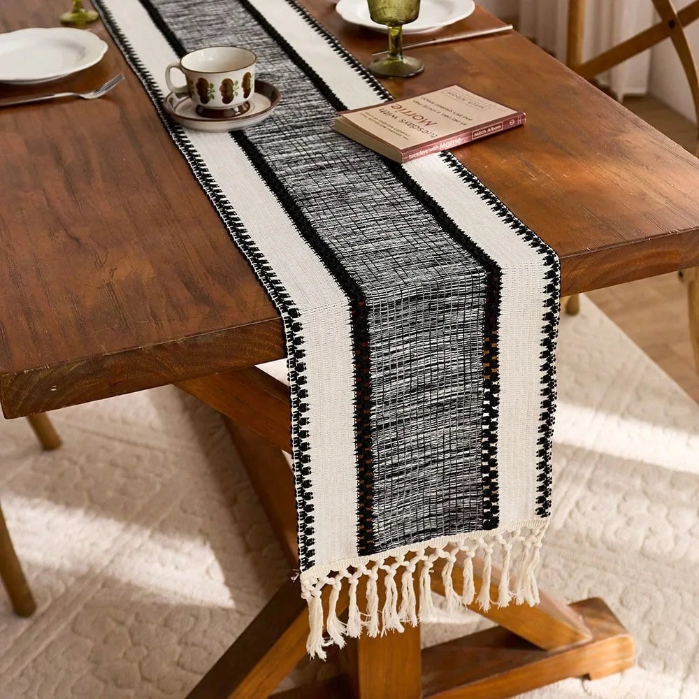 Green striped nordic boho table runner with tassels