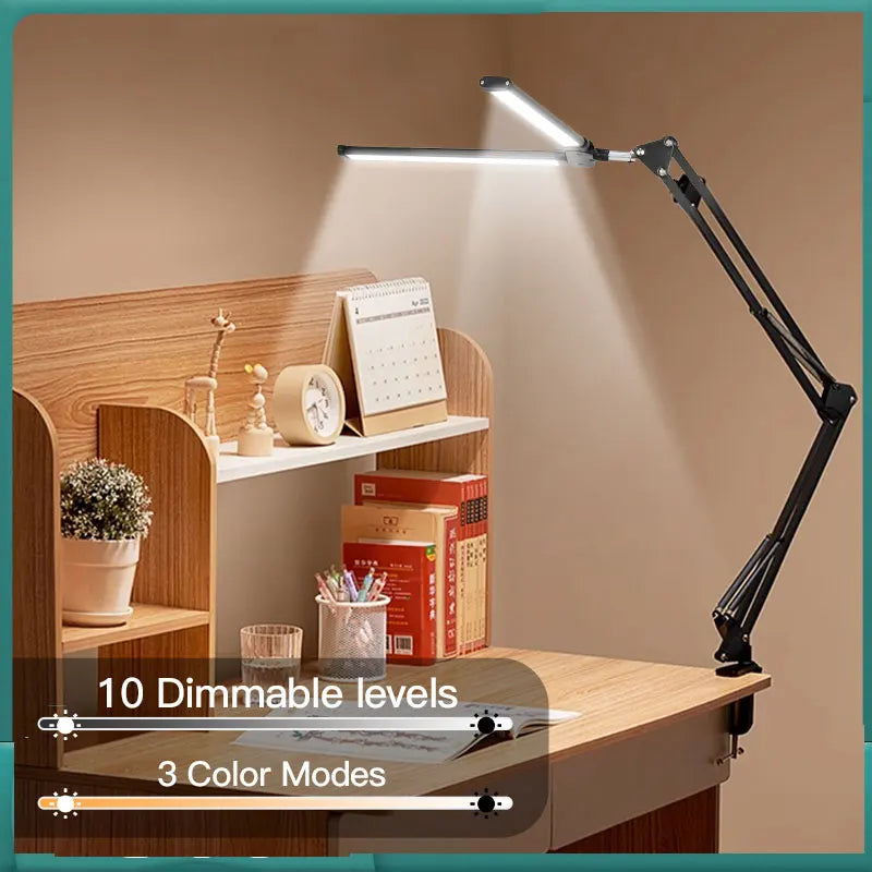 Led desk lamp with double adjustable head, stepless dimming, USB table lamp for computer monitor, office or study