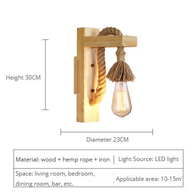 Vintage industrial loft wooden wall light with hemp rope - vue 16 sur 17