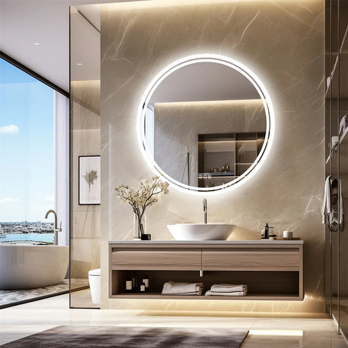 round mirror with backlit LED touchscreen anti-fog wall mounting - vue 2 sur 8