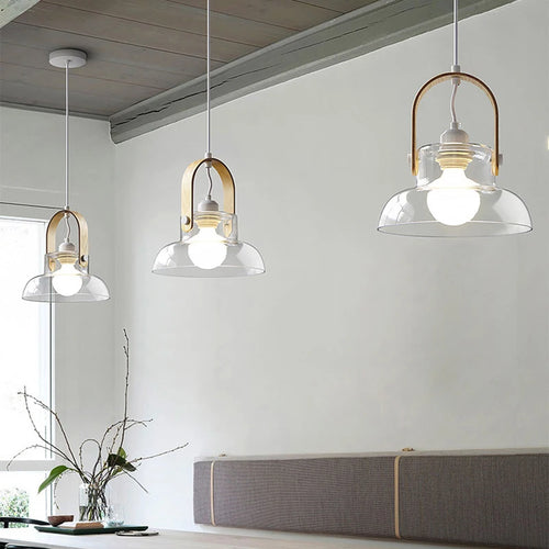 suspension moderne en verre transparent avec ampoule en bois - vue 3 sur 8