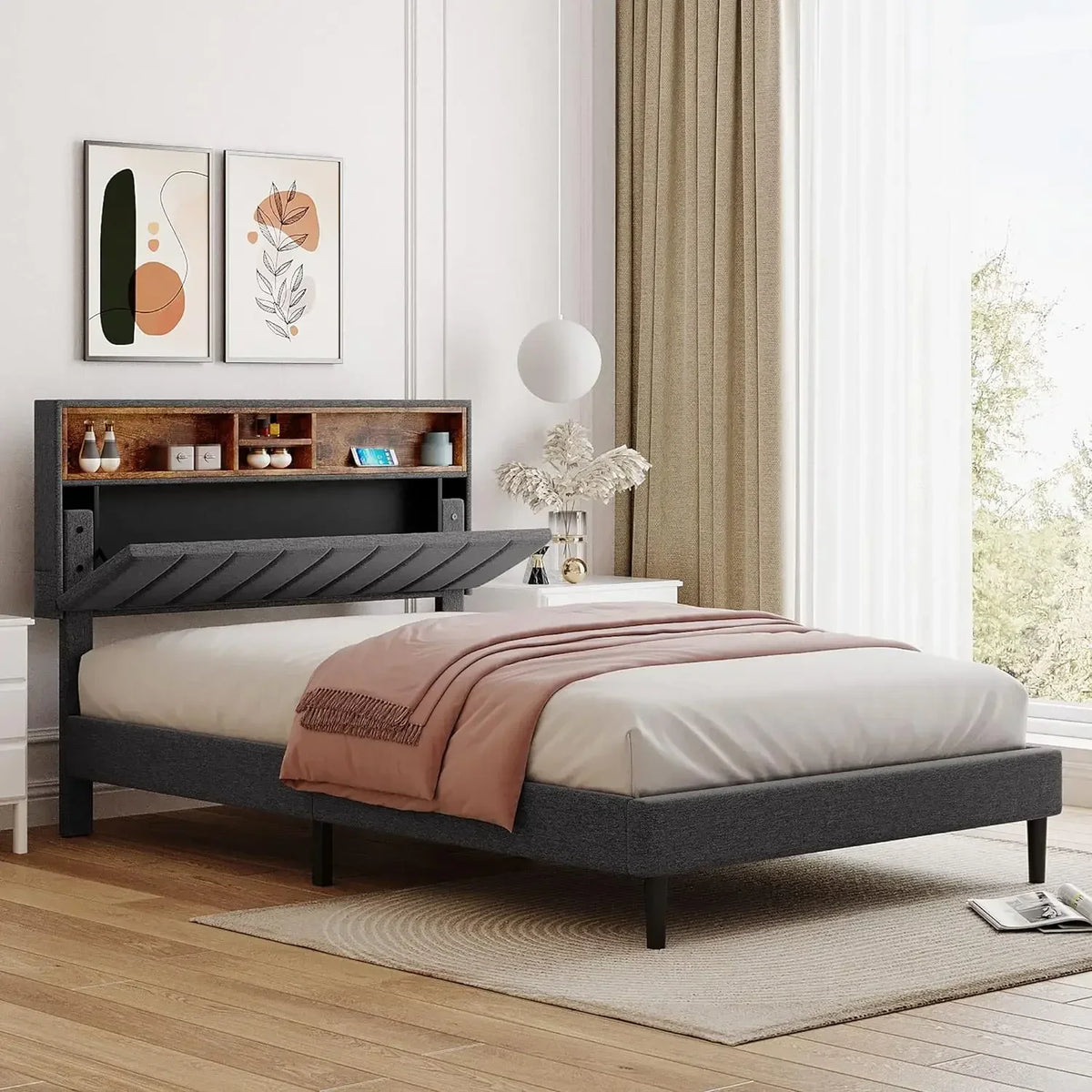 Bed frame bedroom furniture: headboard with storage and USB ports, full, gray modern upholstered platform bed