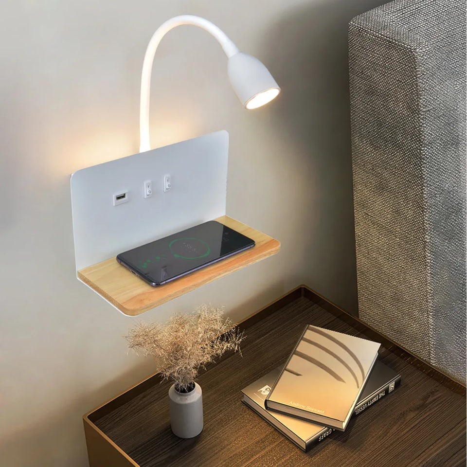 Modern 360° rotatable wireless USB LED wall light with switch for bedside and night use
