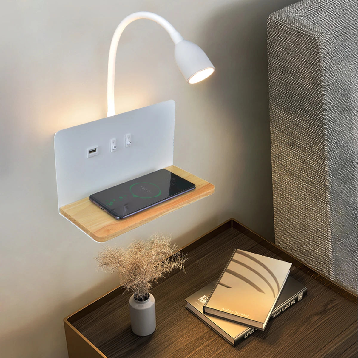 Indoor LED wall lamp with USB interface and wireless charging - vue 2 sur 8