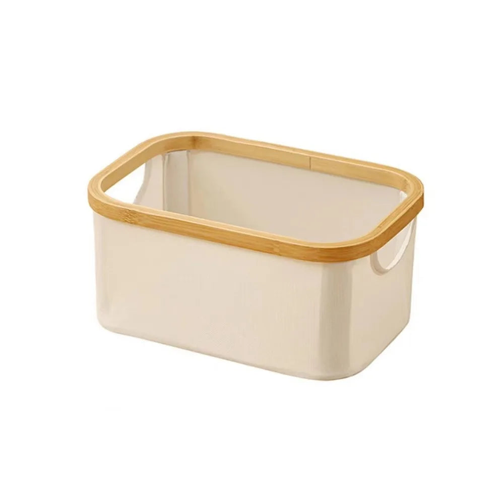 foldable storage basket with bamboo handles and thick fabric