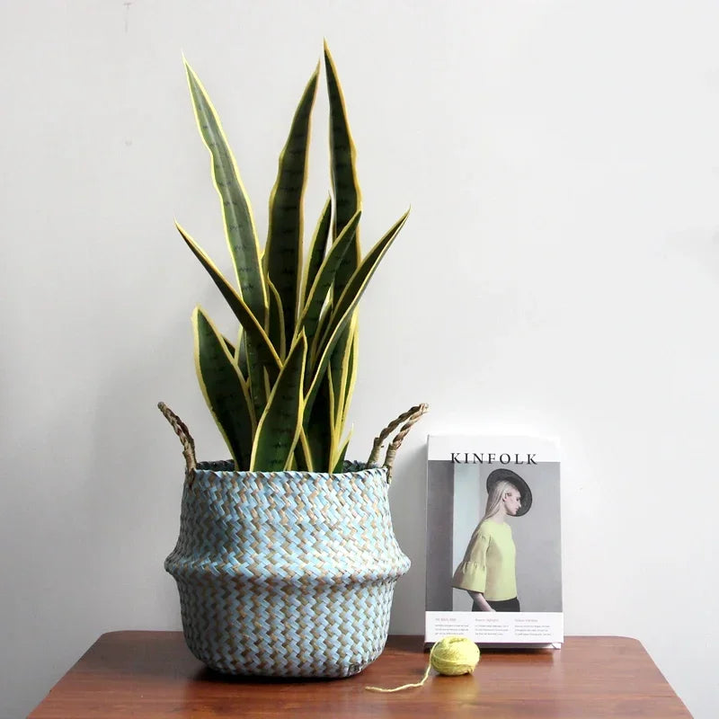 Handmade patchwork seagrass foldable wicker storage basket - vue 3 sur 8