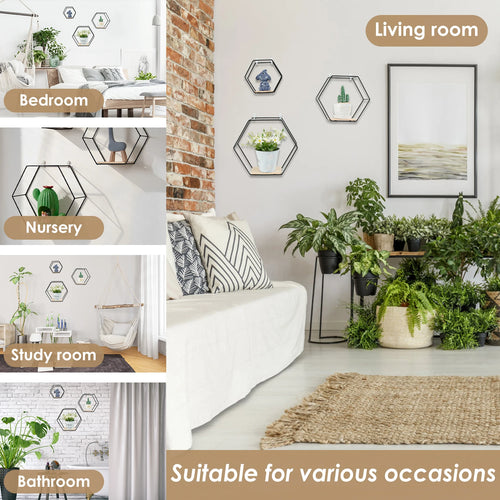 Set of 3 hexagonal floating wall shelves for home decoration - vue 2 sur 9