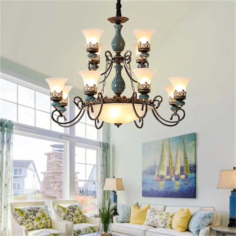 Vintage ceramic chandelier classic antique design with glass shade