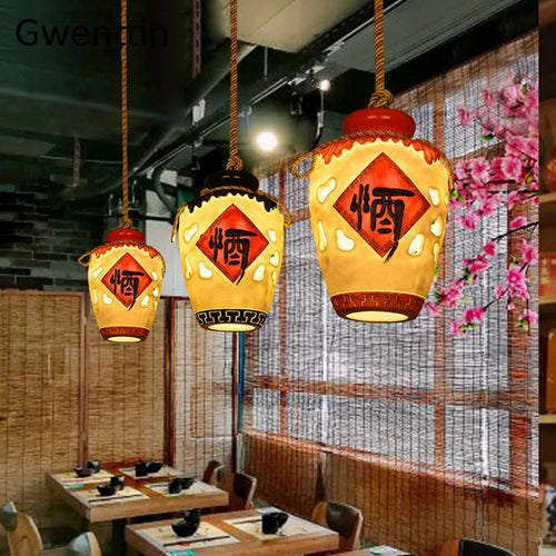 Chinese style wine jar pendant light for indoor decor - vue 6 sur 12