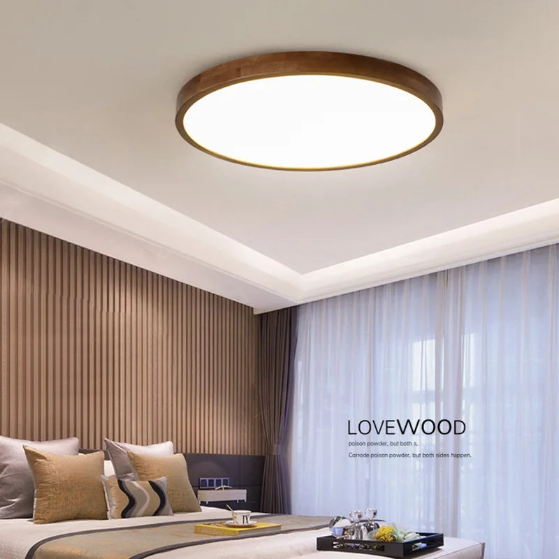 Ultra-slim Chinese walnut round wood ceiling light, Nordic design for bedroom, study, balcony or hallway - vue 4 sur 5