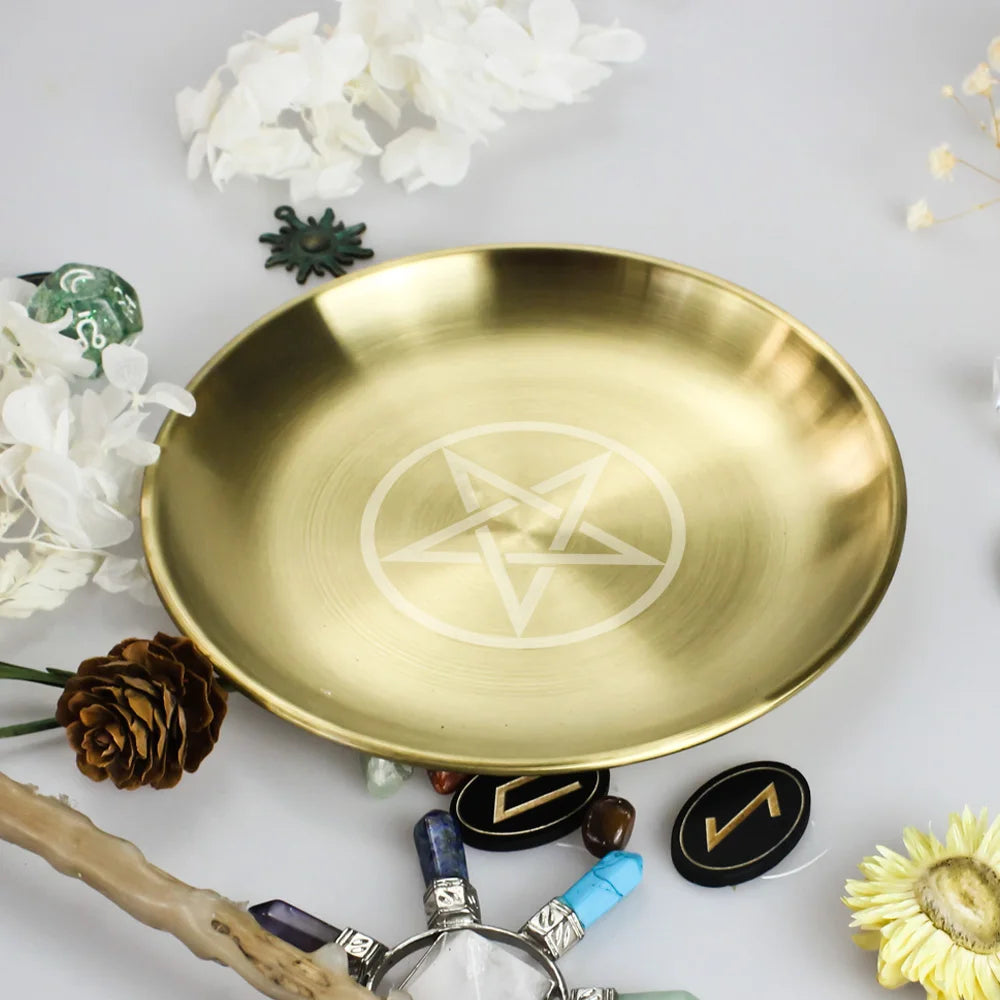 Pagan ritual stone tray with pentagram and decorative accessories