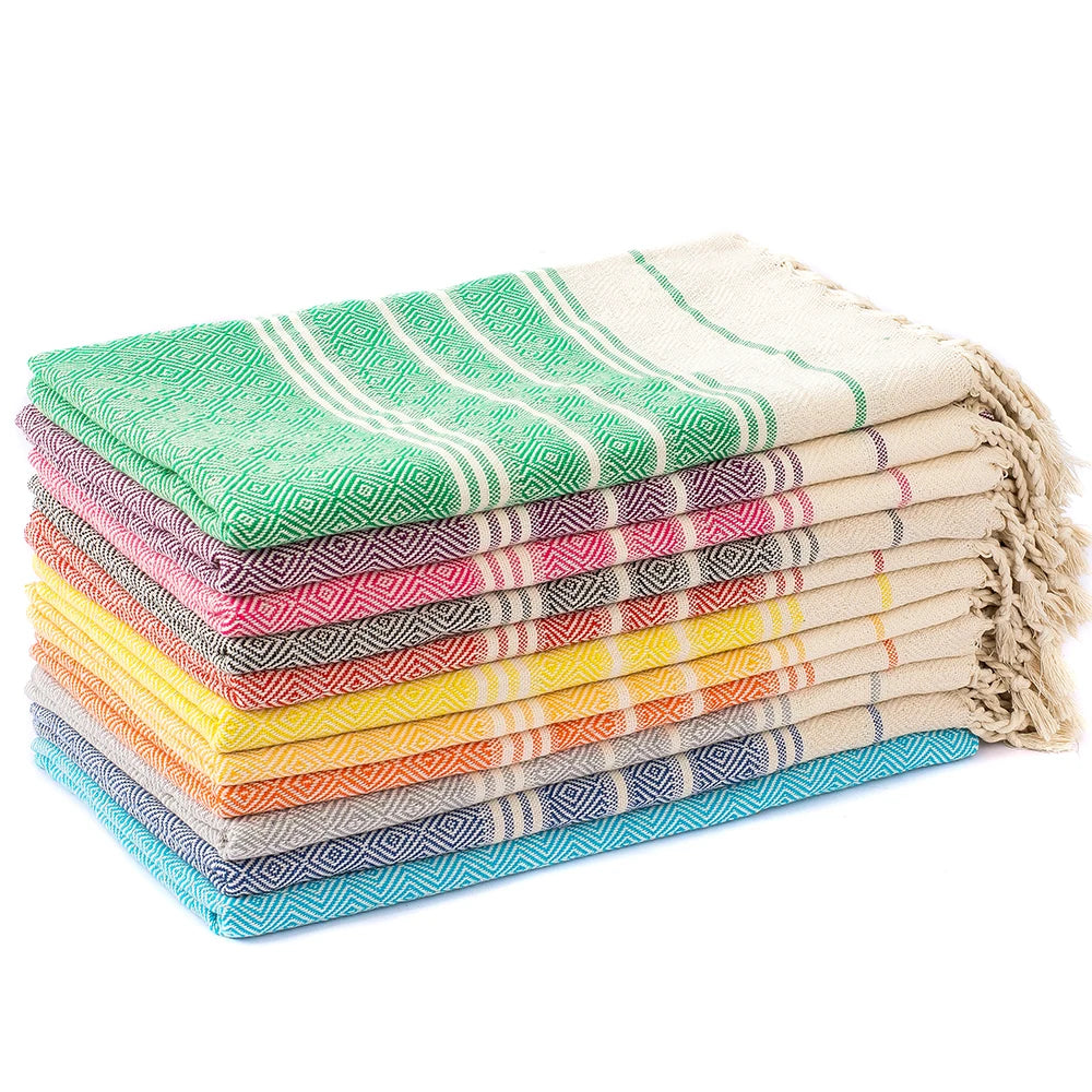 Turkish cotton beach towel with diamond pattern and tassels - vue 3 sur 6