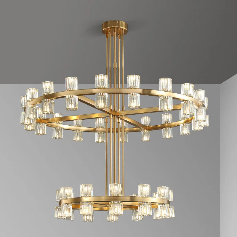 Modern copper LED chandelier with crystals for hotel and foyer