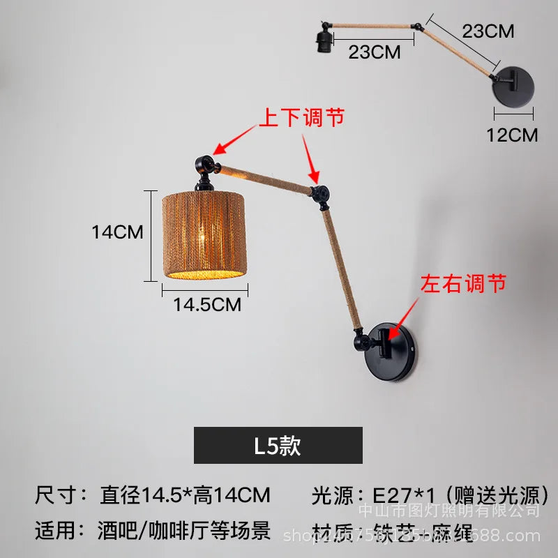 Nordic telescopic wall lamp with adjustable swivel arm and hemp rope - vue 14 sur 22