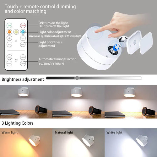 Rechargeable LED wall light with 360° rotating touch remote control - vue 4 sur 7