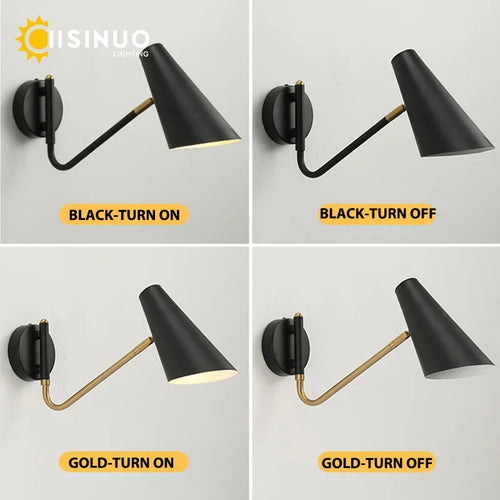 Adjustable vintage wall lamp with switch, flexible LED black/gold - vue 6 sur 10