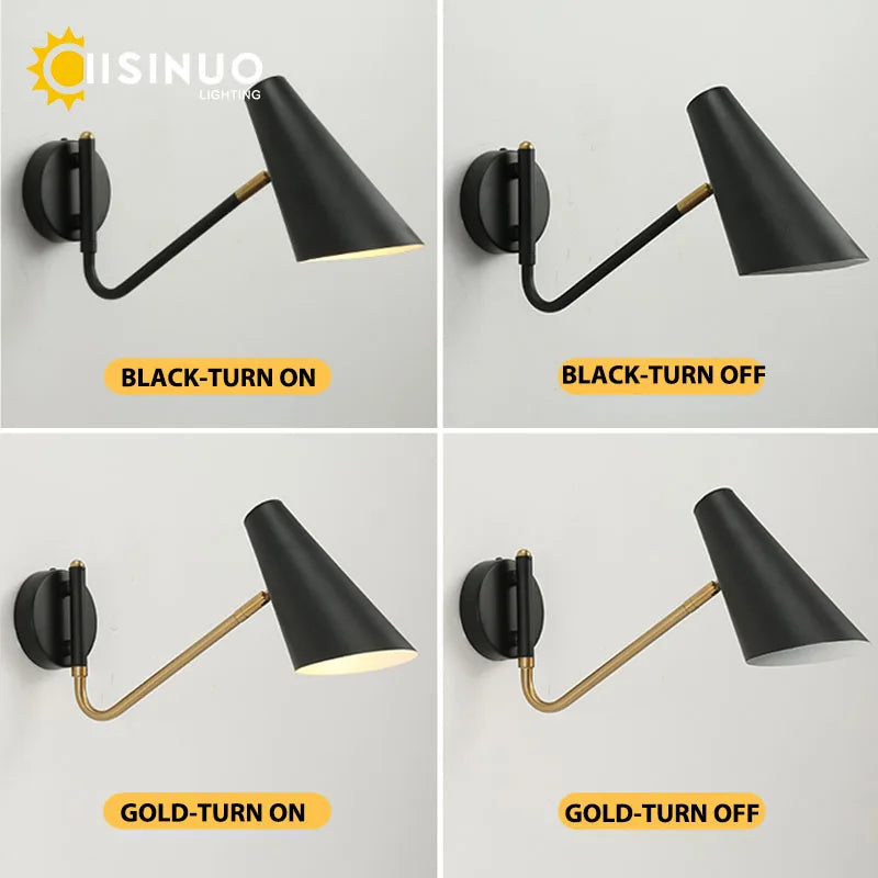 Adjustable vintage wall lamp with switch, flexible LED black/gold - vue 5 sur 10