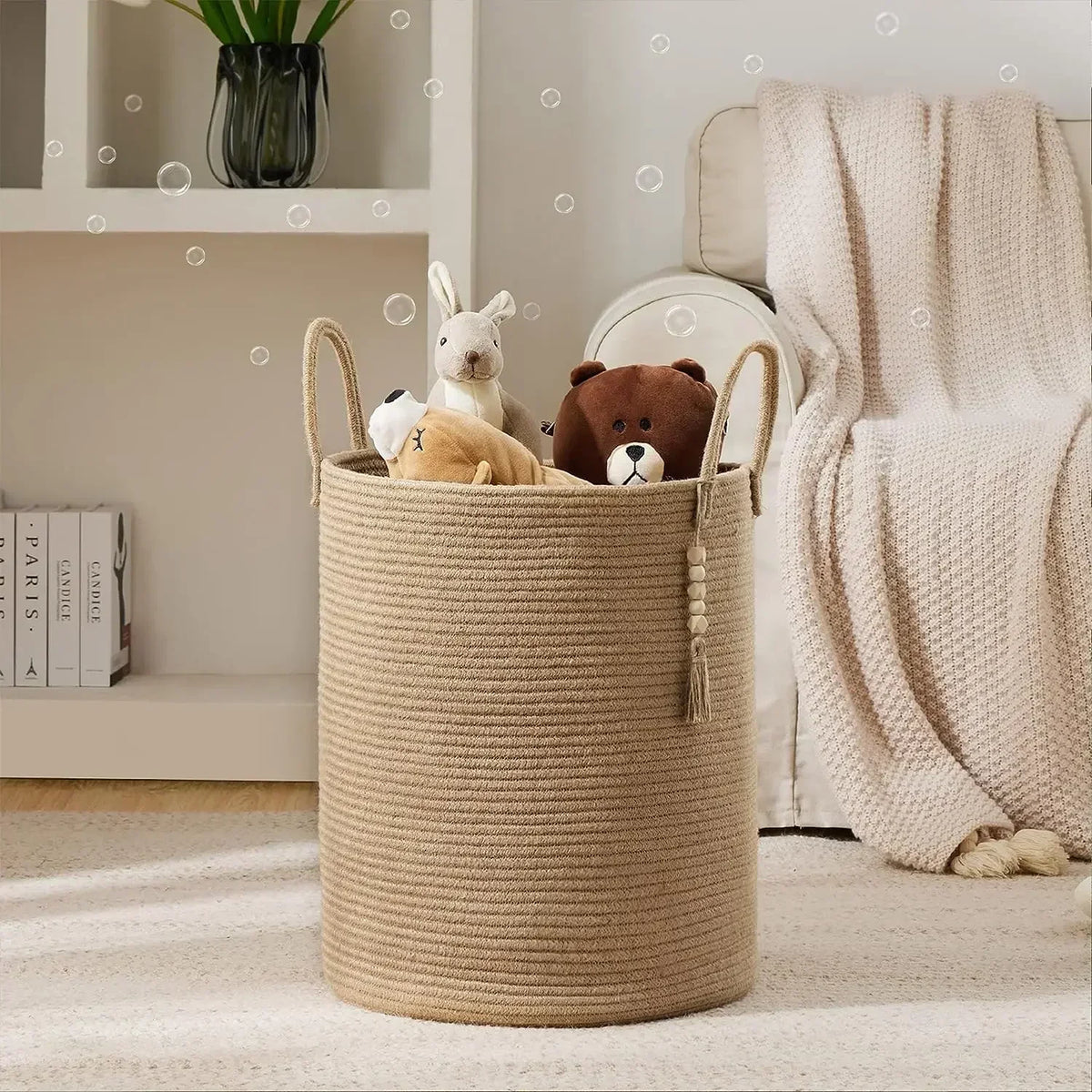 large woven laundry basket with cotton handles foldable - vue 9 sur 10