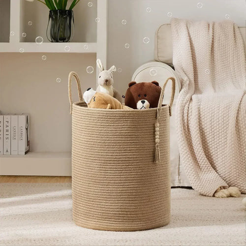 large woven laundry basket with cotton handles foldable - vue 10 sur 10