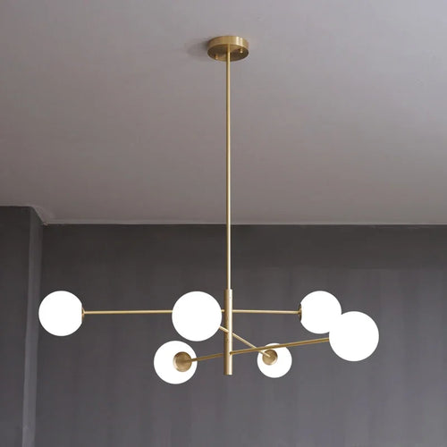 Modern LED copper chandelier with frosted glass ball - vue 2 sur 12