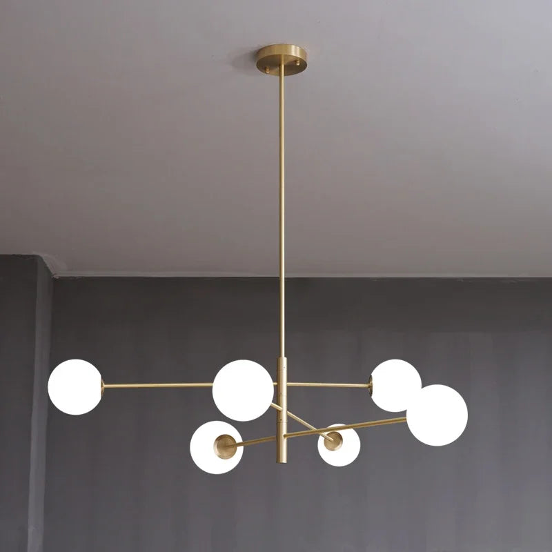 Modern LED copper chandelier with frosted glass ball