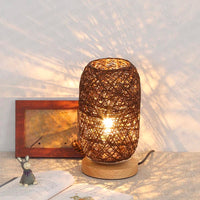 Rattan table lamp with wooden base, modern home decor