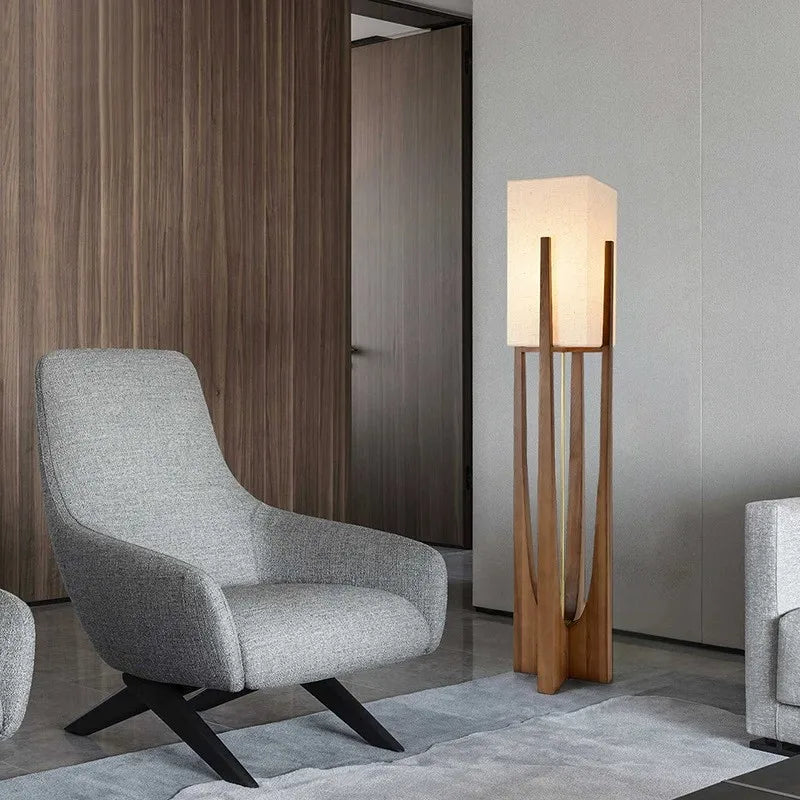 Chinese solid wood floor lamp with LED, vertical nordic style for living room, bedroom or bedside - premium decor - vue 6 sur 12
