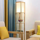 LED floor lamp with storage shelf in Nordic fabric and solid wood for living room, bedroom, or library