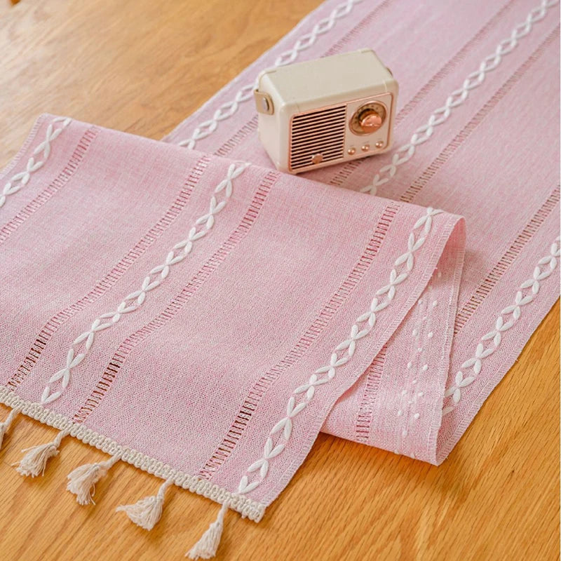 Boho braided fringed rustic table runner