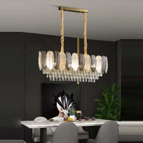 Art deco inspired LED crystal chandelier with white and grey feathers - vue 7 sur 17