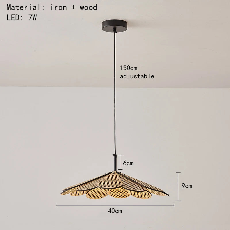 Korean wood petal-shaped pendant light with adjustable cord - vue 8 sur 8