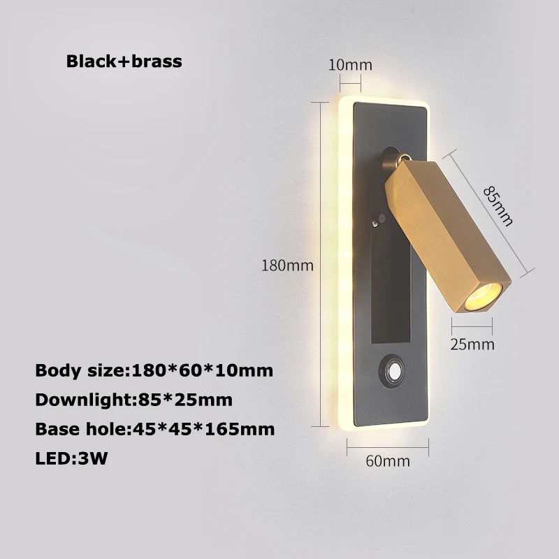 LED Brass Black Wall Lamp Wall Light Wall Sconce Wall Mounted Reading Light with Switch and USB Port, Rotatable For Bedroom - vue 16 sur 23