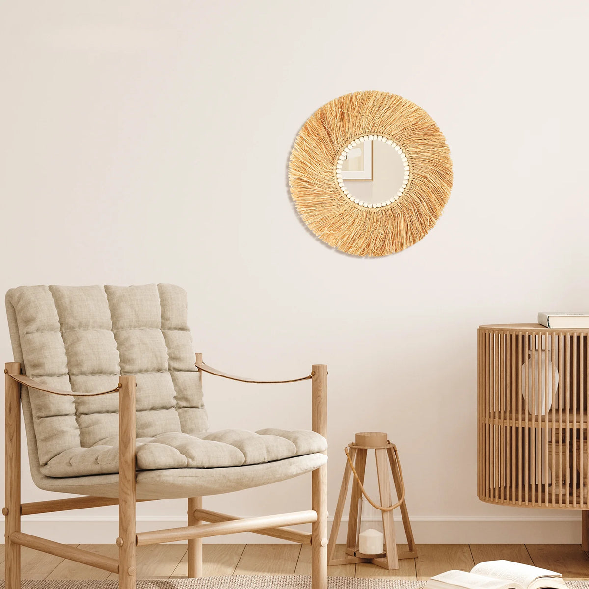 miroir décoratif en perles de bois et bambou fait main - vue 3 sur 7