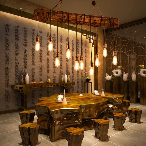 Retro wood industrial style chandelier for café and restaurant - vue 5 sur 24