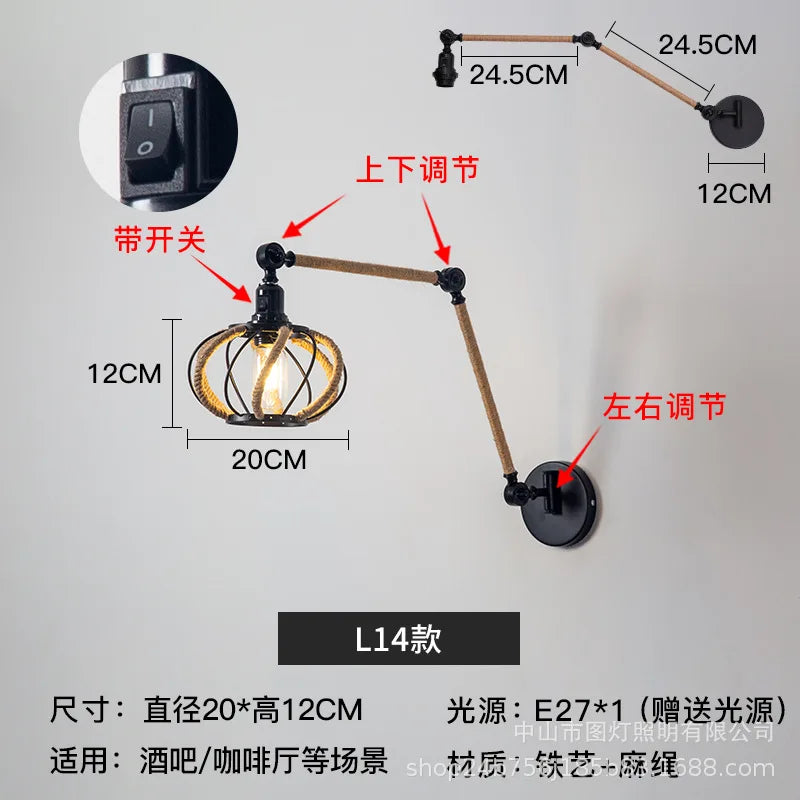 Nordic telescopic wall lamp with adjustable swivel arm and hemp rope - vue 21 sur 22