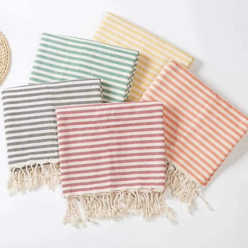 Turkish striped beach towel with tassels travel size