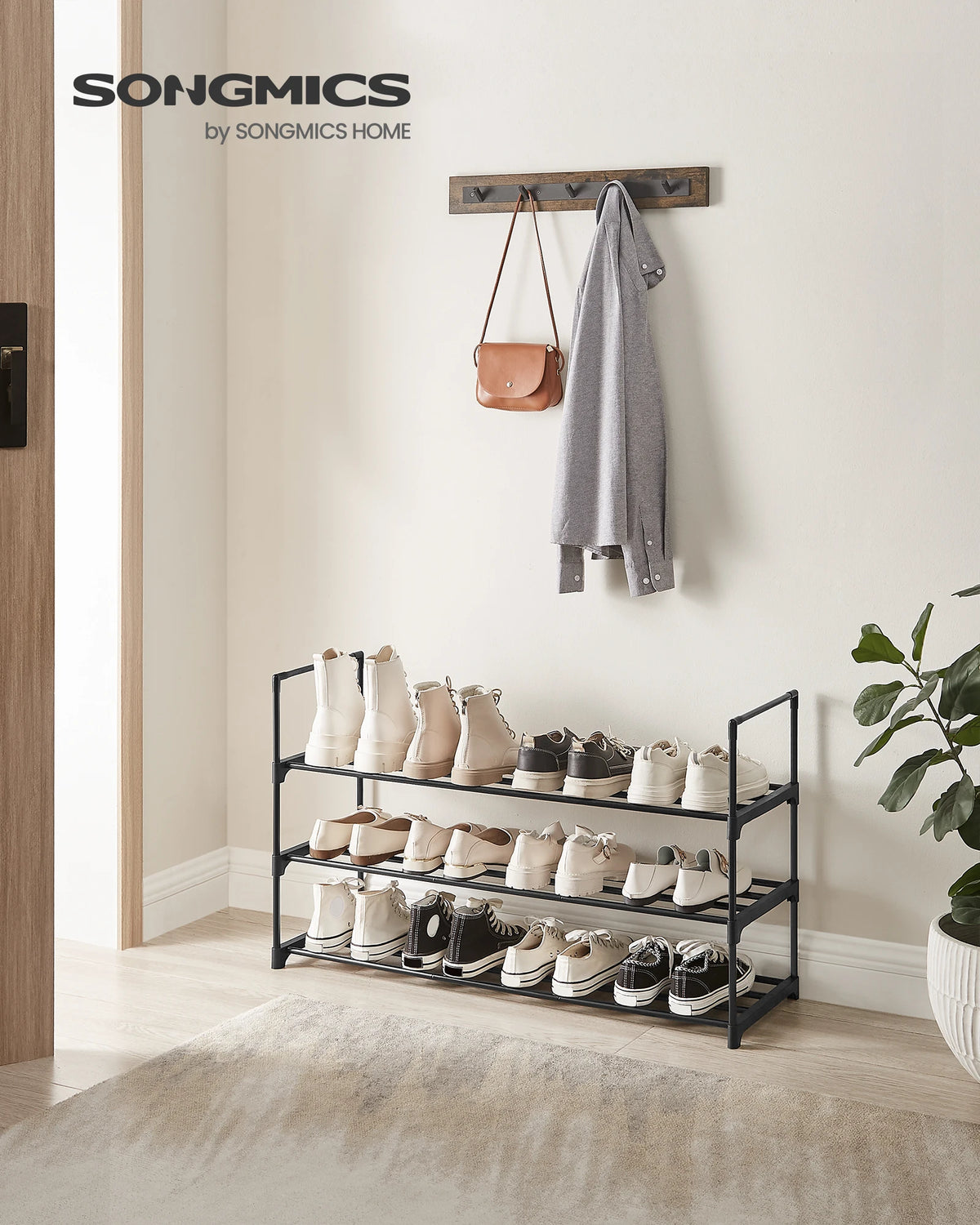 SONGMICS Shoe Rack 3 Tier, Metal Shoe Rack for 12-15 Pairs, Stackable, Hallway, Living Room, Bedroom, 30 x 92 x 55 cm