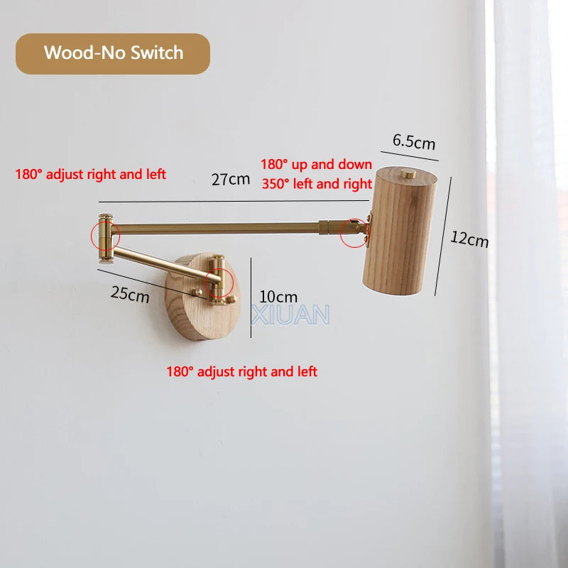 Wabi-sabi style long swing arm wall light with switch