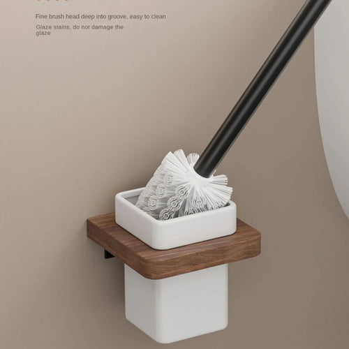 Wall-Mounted Toilet Brush Holder Set, Ceramic Base, Solid Wood, Luxury Bathroom Accessories, No Dead Corner - vue 3 sur 6