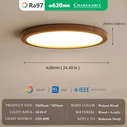 Walnut wood RA≥97, Modern Minimalism Wabi-sabi, Ultra thin eye protection Ceiling light for Living room, Bedroom, Study, Master - vue 8 sur 12