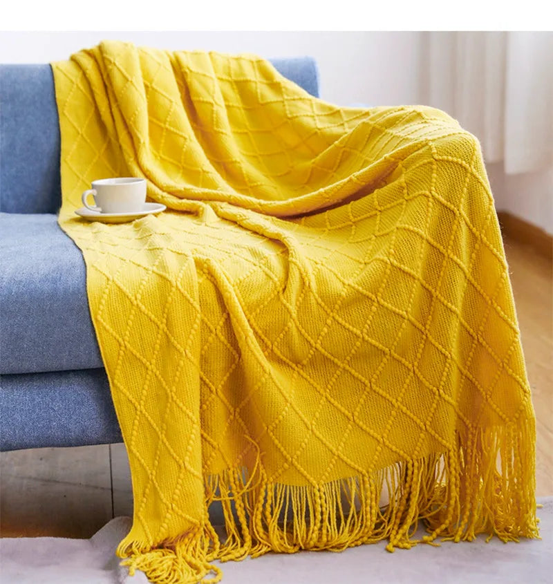 Nordic style jacquard knitted throw with pom poms for sofa