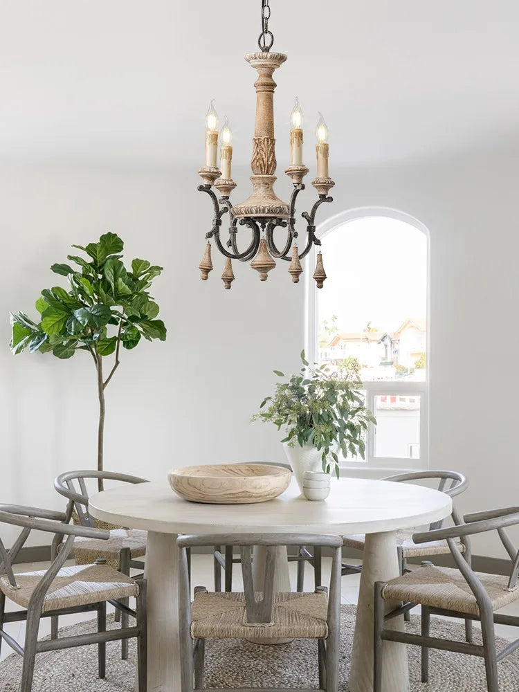 Vintage carved wood chandelier for elegant home lighting - vue 3 sur 8