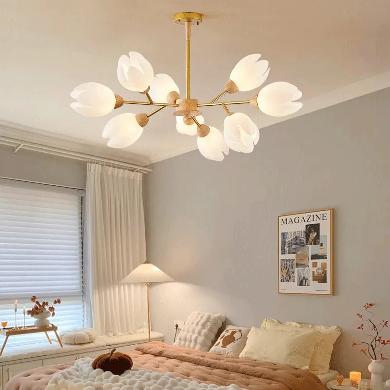 Nordic wooden chandelier with flower-shaped LED light - vue 3 sur 9