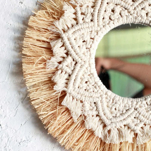 Handwoven boho nordic wall mirror decor - vue 3 sur 6