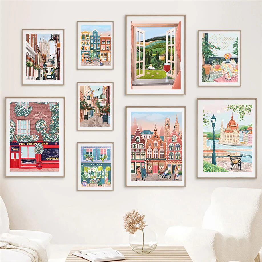 Watercolour coastal city wall art modern décor - vue 2 sur 7