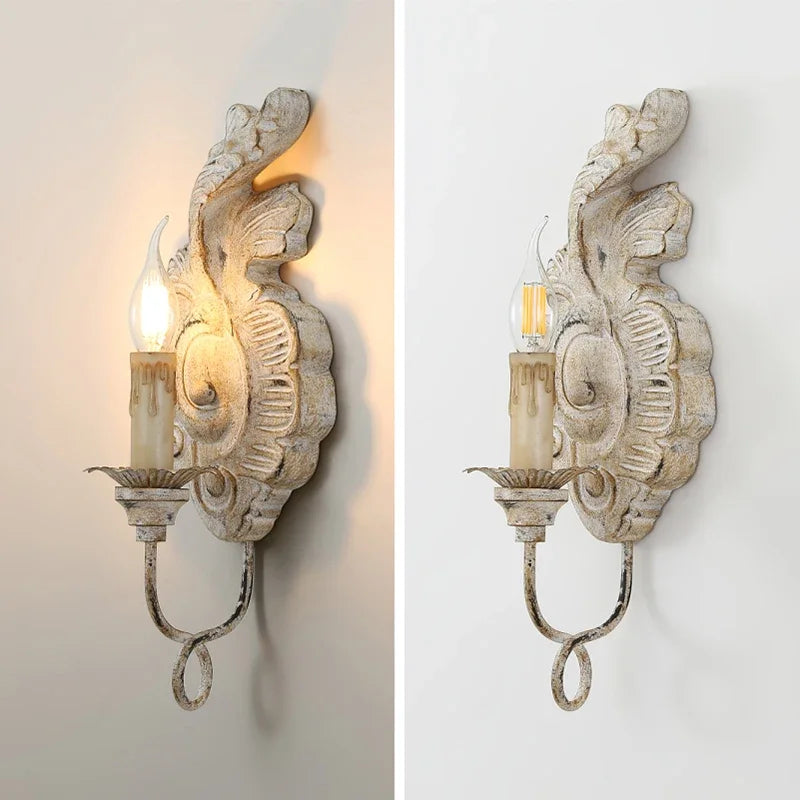 Vintage wall light in aged iron and wood for indoor decoration